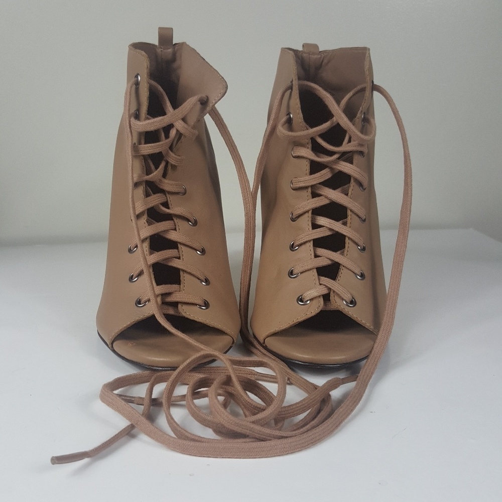 Joie tan lace up booties wedge peep toe $325retail